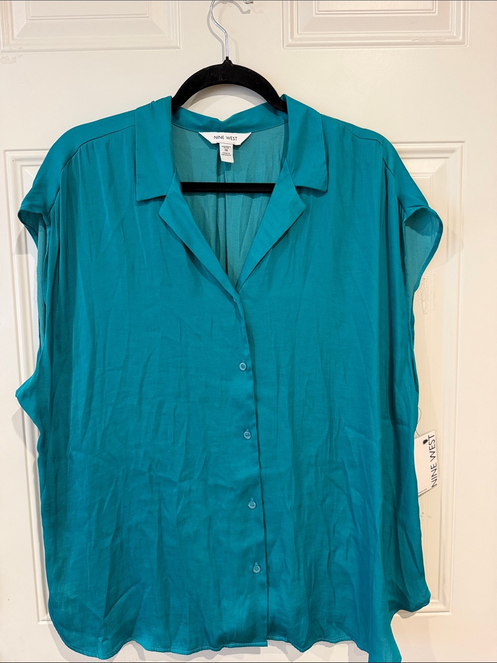 Nine West Teal Short Sleeve Button-Front Blouse